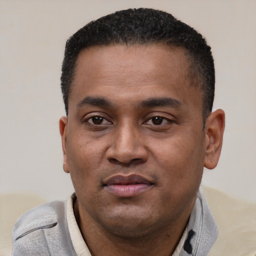 Joyful black young-adult male with short  black hair and brown eyes