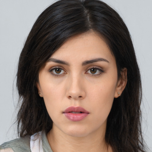 Neutral asian young-adult female with long  black hair and brown eyes