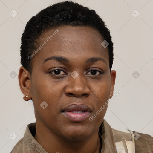 Neutral black young-adult female with short  brown hair and brown eyes