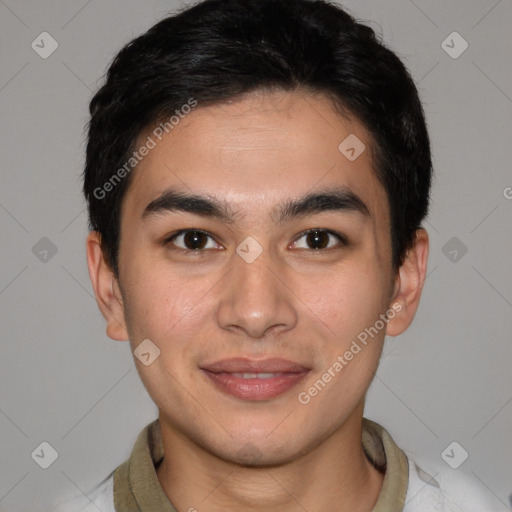 Joyful latino young-adult male with short  brown hair and brown eyes