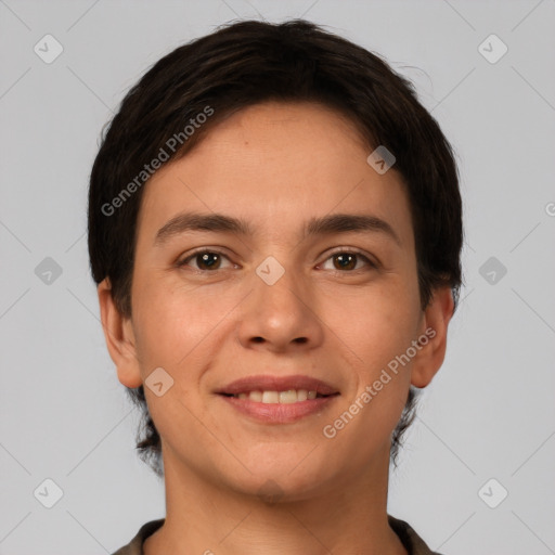 Joyful white young-adult female with short  brown hair and brown eyes