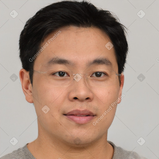 Neutral asian young-adult male with short  brown hair and brown eyes