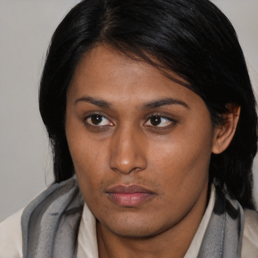 Neutral asian young-adult female with medium  black hair and brown eyes