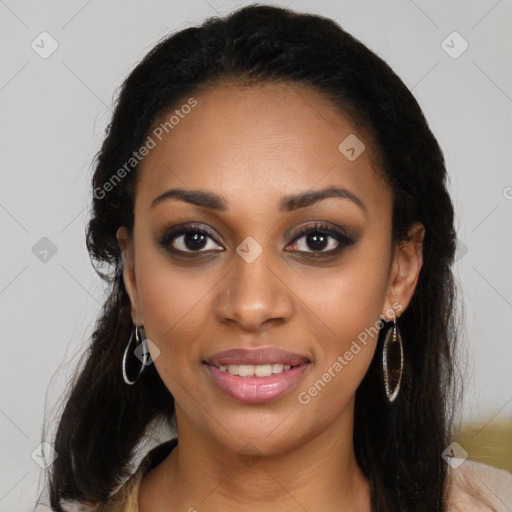 Joyful latino young-adult female with long  brown hair and brown eyes