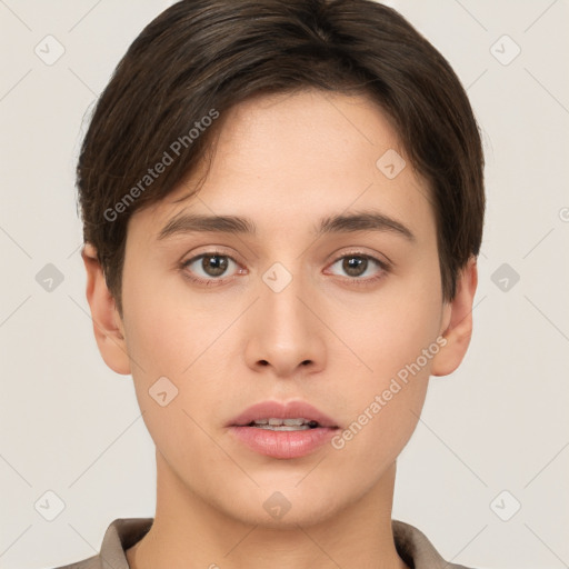 Neutral white young-adult male with short  brown hair and brown eyes