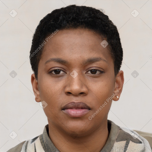 Neutral black young-adult female with short  black hair and brown eyes