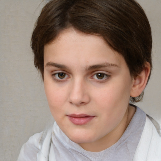 Neutral white young-adult female with short  brown hair and brown eyes