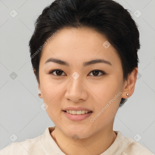 Joyful white young-adult female with short  brown hair and brown eyes