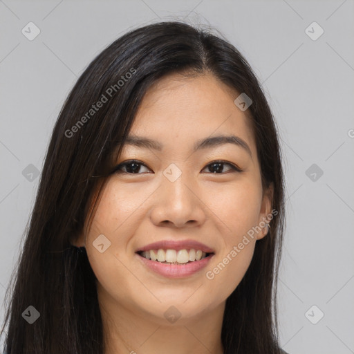 Joyful white young-adult female with long  brown hair and brown eyes