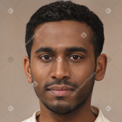 Neutral latino young-adult male with short  black hair and brown eyes
