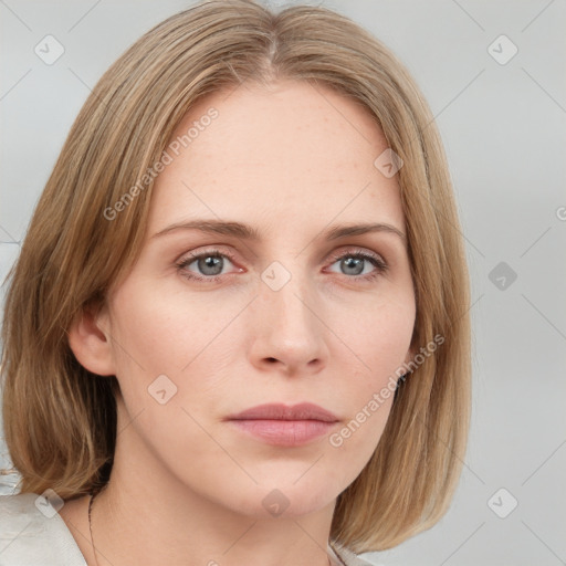 Neutral white young-adult female with medium  brown hair and blue eyes