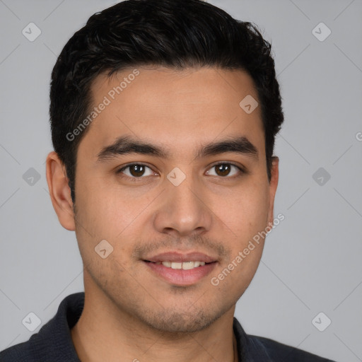 Joyful white young-adult male with short  black hair and brown eyes