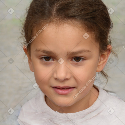 Joyful white child female with short  brown hair and brown eyes