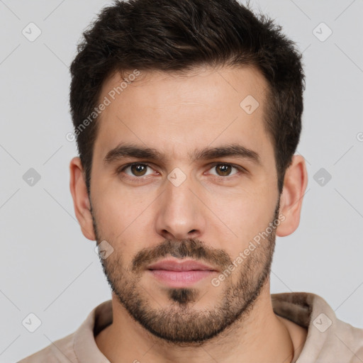 Neutral white young-adult male with short  brown hair and brown eyes