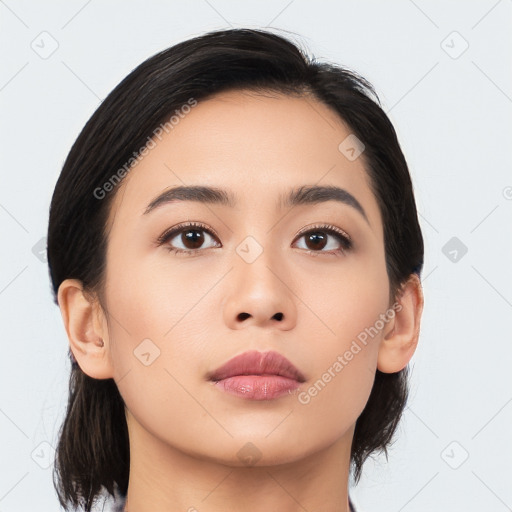 Neutral asian young-adult female with medium  black hair and brown eyes