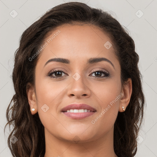 Joyful white young-adult female with long  brown hair and brown eyes