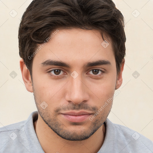 Neutral white young-adult male with short  brown hair and brown eyes