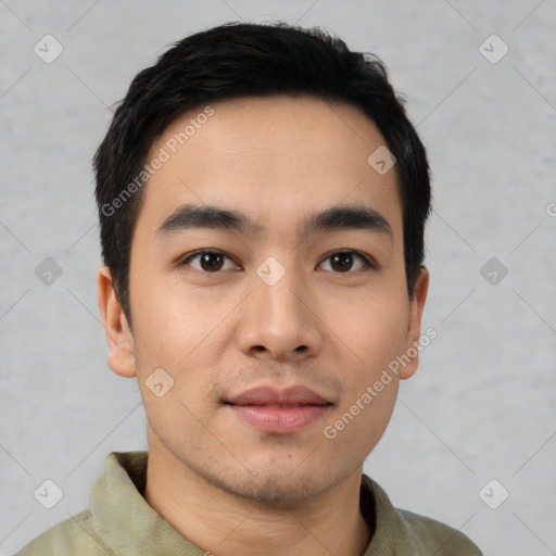 Neutral asian young-adult male with short  black hair and brown eyes