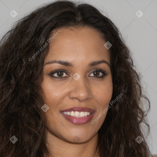 Joyful white young-adult female with long  brown hair and brown eyes