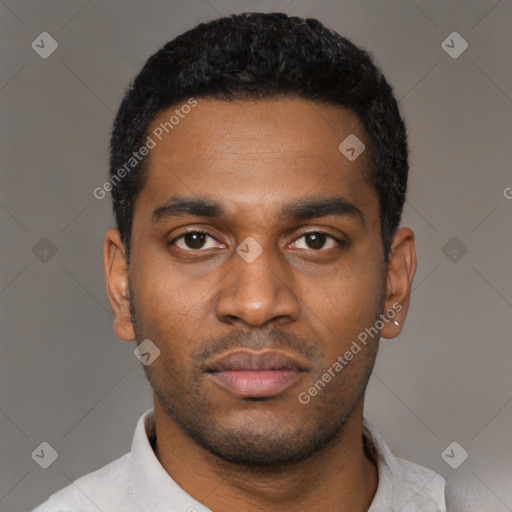 Neutral latino young-adult male with short  black hair and brown eyes