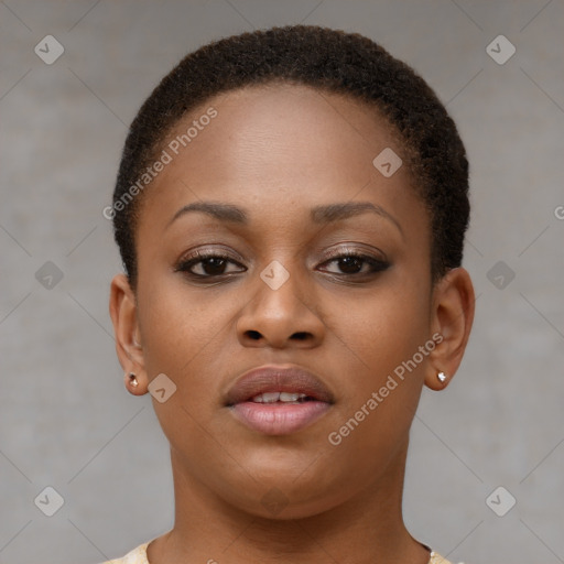 Neutral black young-adult female with short  brown hair and brown eyes