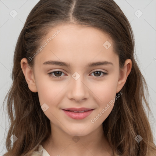 Joyful white child female with long  brown hair and brown eyes