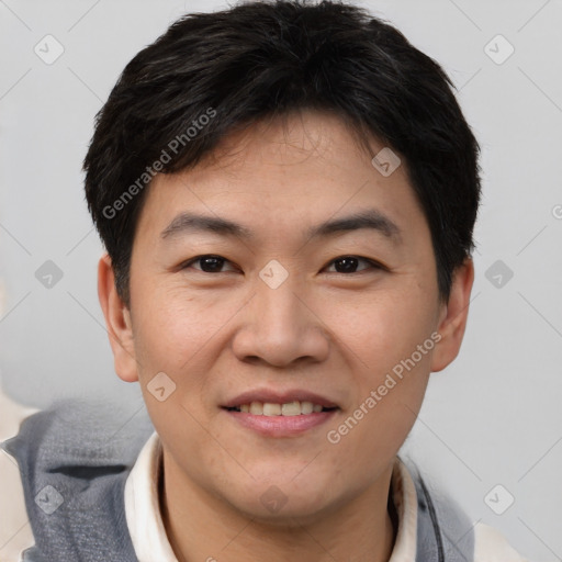 Joyful asian young-adult male with short  brown hair and brown eyes