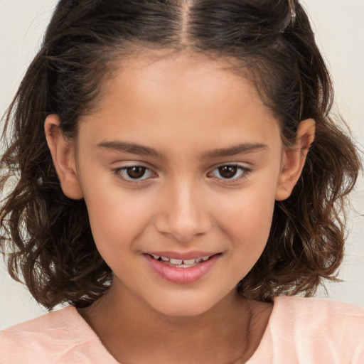 Joyful white child female with medium  brown hair and brown eyes