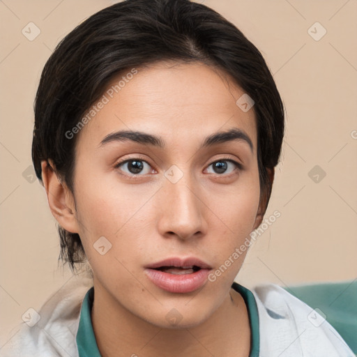 Neutral white young-adult female with short  brown hair and brown eyes