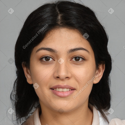 Joyful asian young-adult female with medium  black hair and brown eyes