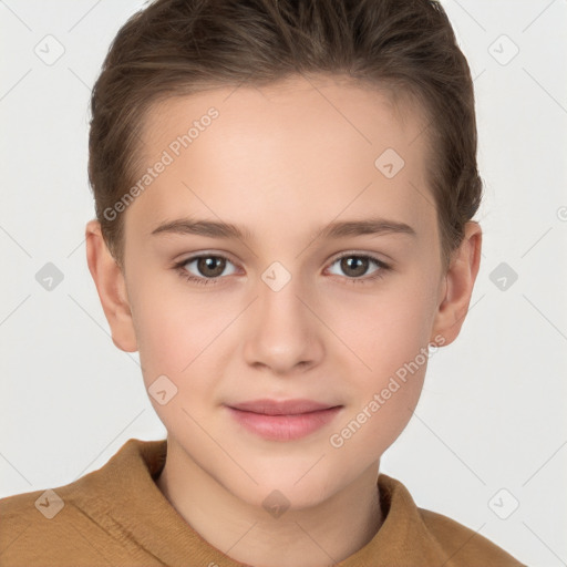 Joyful white child female with short  brown hair and brown eyes