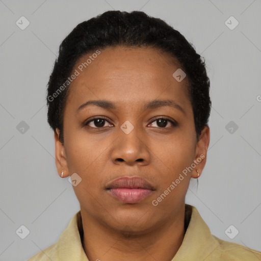 Neutral black young-adult female with short  black hair and brown eyes