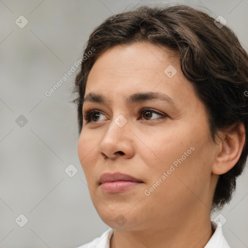 Neutral white young-adult female with medium  brown hair and brown eyes