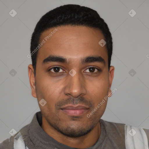 Neutral latino young-adult male with short  black hair and brown eyes
