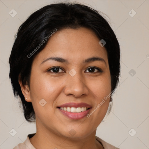 Joyful latino young-adult female with medium  brown hair and brown eyes