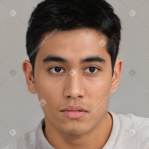 Neutral asian young-adult male with short  black hair and brown eyes