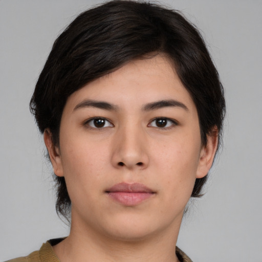 Neutral asian young-adult female with medium  brown hair and brown eyes