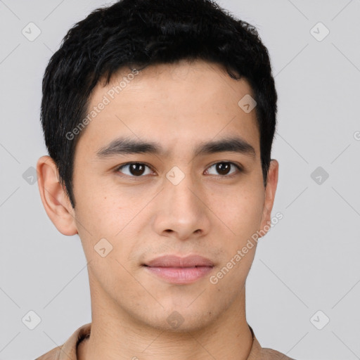 Neutral asian young-adult male with short  brown hair and brown eyes