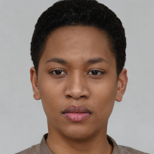 Neutral latino young-adult female with short  black hair and brown eyes