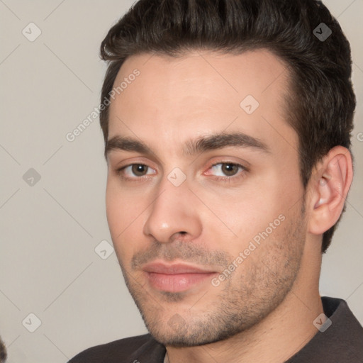 Neutral white young-adult male with short  brown hair and brown eyes