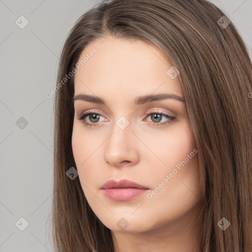 Neutral white young-adult female with long  brown hair and brown eyes