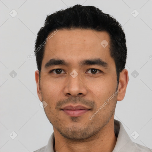 Neutral asian young-adult male with short  black hair and brown eyes