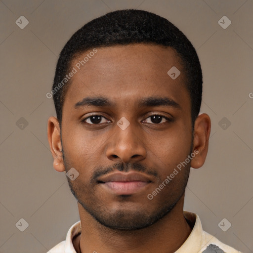 Neutral black young-adult male with short  black hair and brown eyes