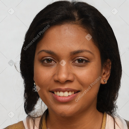 Joyful latino young-adult female with medium  brown hair and brown eyes