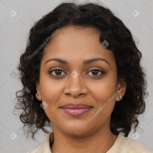 Joyful black young-adult female with medium  brown hair and brown eyes