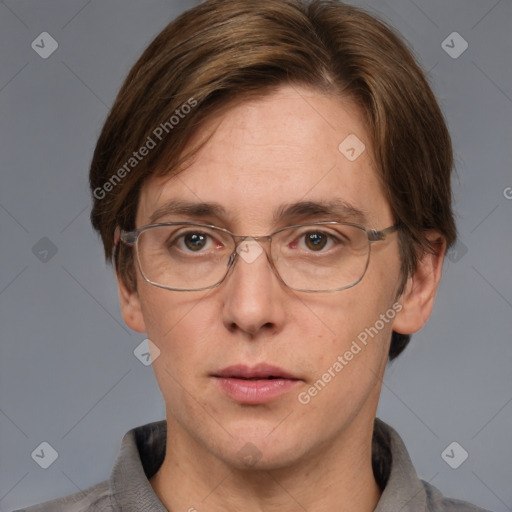 Joyful white adult male with short  brown hair and grey eyes