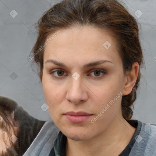 Neutral white young-adult female with medium  brown hair and brown eyes