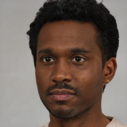 Neutral black young-adult male with short  black hair and brown eyes