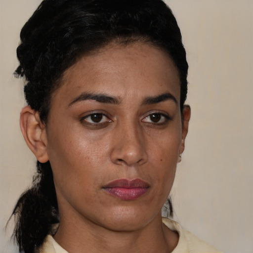 Joyful latino young-adult female with short  brown hair and brown eyes