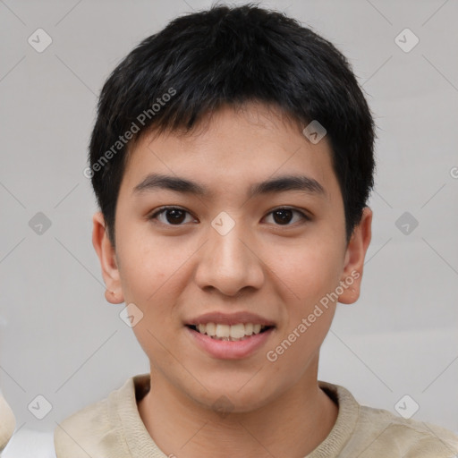 Joyful asian young-adult male with short  black hair and brown eyes